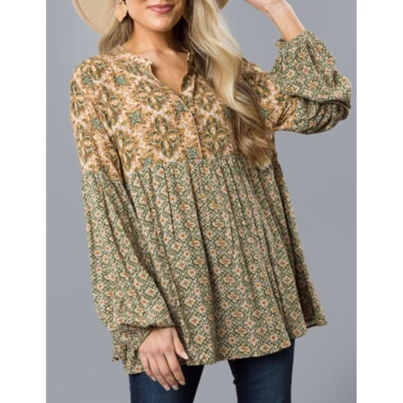 Easel Boho Babydoll Top Tan Green Floral Mixed Print Sz S EUC Earth Tones - Picture 1 of 9